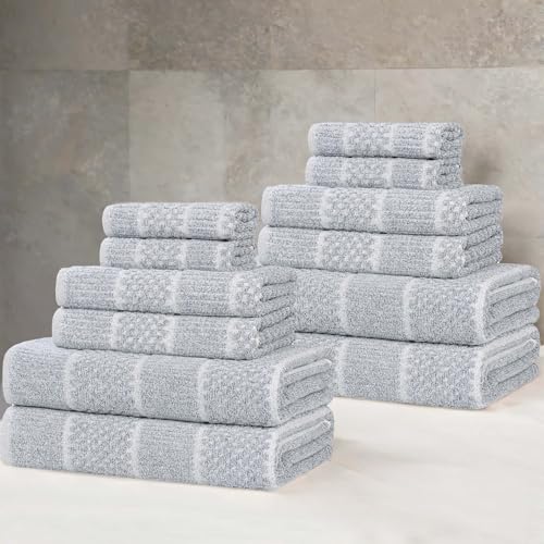 Superior Naples Viscose Cotton Blend Medium Weight Towels, for Bathroom, Shower, Spa, Plush, Quick Dry, Ultra-Soft Towels, Bath Essentials, Ribbed Design, 12 Piece Assorted Towel Set, Denim Blue - color: Denim Blue, size: 12 Piece Towel Set