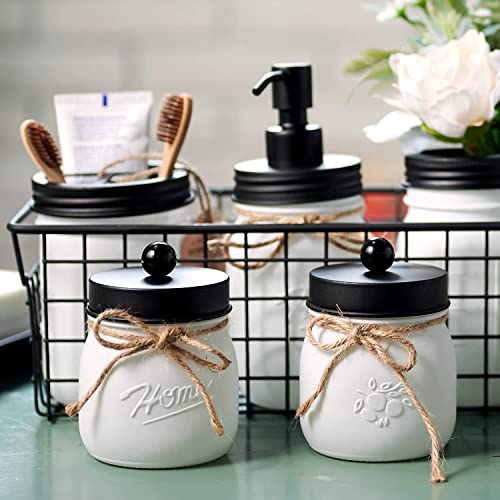 Amolliar Mason Jar Bathroom Accessories Set, 4Pcs Glass Bathroom Set, Black | White Retro Lotion Soap Dispenser, 2 Apothecary Jars, Toothbrush Holder, Rustic Farmhouse Bathroom Decor Countertop Organizer - size: White Black, style: Standard-mouth