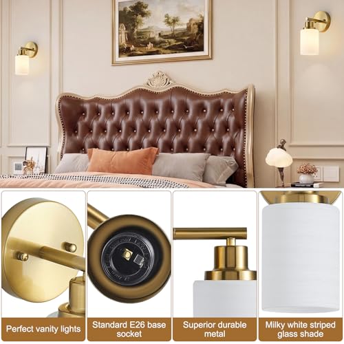 2-Pack, 1-Light Vanity Lights, Brushed Gold Bathroom Light Fixture with Textured Milky White Glass Shade, E26 Modern Vanity Lighting Fixture for Bathroom Wall Sconce - color: Gold, size: 4.7 Inch : 1-Light