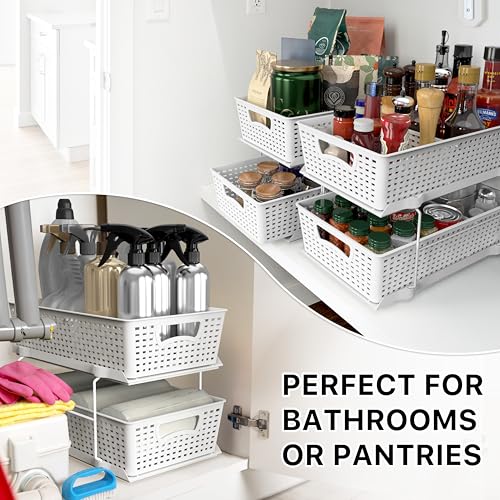 Simple Houseware 2 Tier Pull-Out Sliding Drawer Under Sink Storage, White | Great for Kitchen Bathroom Tray Shelf Organizer - color: White