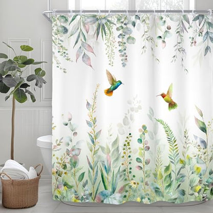Sage Green Eucalyptus Spring Hummingbird Plants Bathroom Shower Curtain Set | 60"W x 72"H Botanical Emerald; waterproof HD print, quick-dry fabric with 12 free hooks for easy hanging. - color: A-sage Green, size: 60"W x 72"L (Pack of 1)