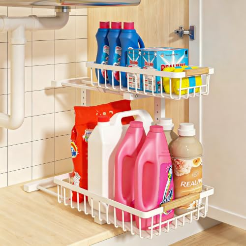 Under Sink Organizer, Height Adjustable Under Sink Organizers and Storage, 2 Tier Pull Out Drawer Cabinet Storage for Kitchen Bathroom, 1 Pack, White | cabinet organizer, 5 level adjustable, quiet sliding rails, dual suction and nano tape, no drill, rust