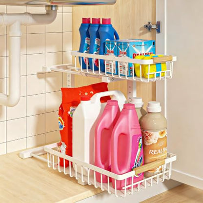 Under Sink Organizer, Height Adjustable Under Sink Organizers and Storage, 2 Tier Pull Out Drawer Cabinet Storage for Kitchen Bathroom, 1 Pack, White | cabinet organizer, 5 level adjustable, quiet sliding rails, dual suction and nano tape, no drill, rust