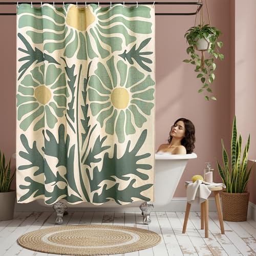 Retro Daisy Linen Boho Shower Curtain Set with Liner,72" Wx72 L | Double Layer Shower Curtain Waterproof Fabric with Zippered Removable PEVA Liner,Boho Shower Curtain for Bathroom,Free Hooks - color: Daisy