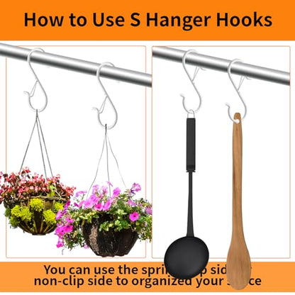 12 PCS S Hooks for Hanging with Safety Buckle, Heavy Duty Metal S Hooks | 3.5 inch S Shaped Hanger Hooks for Hanging Kitchen Utensil, Cups Pots Pan Closet Plants Purse Bags Hats (White) - color: White