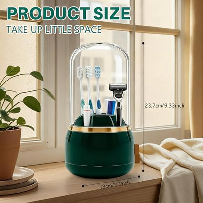 Toothbrush Holder with Lid Cosmetic Tools Organizer 360 Rotating 7-Slot Draining Waterproof Dustproof Make Up Brushes Toothbrush Storage for Dresser Vanity Bathroom Countertop - color: Green rotate