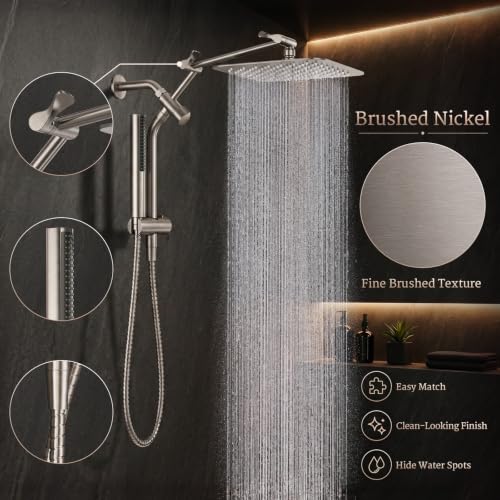 Veken All Metal 10" Luxurious Brushed Nickel Rain Shower Head with Handheld | Dual High Pressure Shower Heads, Power-wash Hand Held with Hose,Double Detachable Showerhead,Square Rainfall,Bathroom Upgrade - color: Brushed Nickel, size: 10 Inch