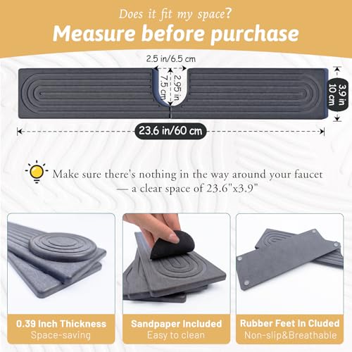 Kitchen Faucet Absorbent Mat with U-Shape Hole, 23.6" Diatomaceous Earth Splash Guard for Sink Faucet, Aesthetic Water Absorbing Stone Tray Draining Mat for Modern Home, Gift for Girlfriend, Dark Grey - size: 23.6" x 3.9"