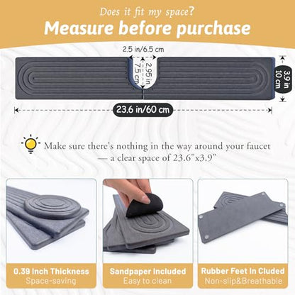 Kitchen Faucet Absorbent Mat with U-Shape Hole, 23.6" Diatomaceous Earth Splash Guard for Sink Faucet, Aesthetic Water Absorbing Stone Tray Draining Mat for Modern Home, Gift for Girlfriend, Dark Grey - size: 23.6" x 3.9"