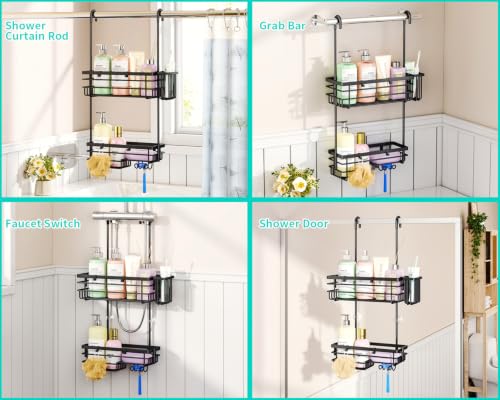 HapiRm Hanging Shower Caddy – For Renters & Small Bathrooms, Fits Shower Curtain Rods, No Drilling, 2 Rustproof 304 Shelves, 4 Hooks, and a Detachable Toothbrush Holder You Can Rinse - Black - color: Black