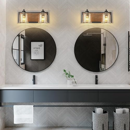 16" 2-Light Farmhouse Bathroom Vanity Light with Bubble Glass, Brown | Farmhouse Rustic style, Metal base with hand-painted wood grain, E26 Ceramic Base(no bulb), UL&ETL, mount up/down,over mirror - color: Brown, size: 2-Light