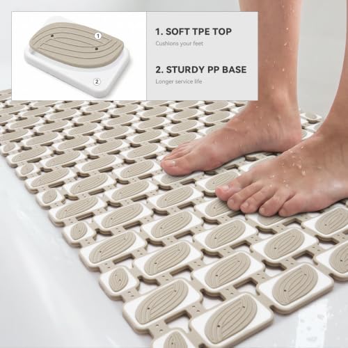 Shower Mat Non Slip Bathtub Mat, Bath Mat for Tub with Strong Suction Cups, Quick Dry Drain Holes, Machine Washable Shower Floor Mat for Elderly & Kids, 27"x16", Khaki - color: Khaki