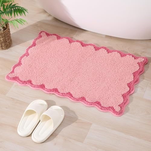 ORTIGIA Small Pink Scalloped Bath Mat, Cute Plush Microfiber Scallop Bathroom Rugs Non Slip Washable Quick Dry Absorbent, Bathmat Carpet for Shower Stall Vanities Kitchen Floor Entrance, 17x24 - color: Candy Pink, size: 1'5" X 2'(rectangular)