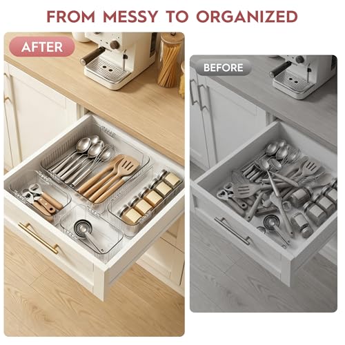 Expandable Drawer Organizer Set, Clear Adjustable Drawer Dividers, 4-Piece Storage Trays for Kitchen, Bathroom, Makeup, Office, Durable PET Material