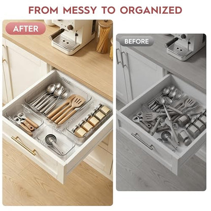 Expandable Drawer Organizer Set, Clear Adjustable Drawer Dividers, 4-Piece Storage Trays for Kitchen, Bathroom, Makeup, Office, Durable PET Material