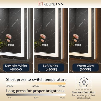 Keonjinn 30 x 36 Inch LED Bathroom Mirror with Lights, Frontlit & Backlit | Bluetooth Speaker, Bluetooth Mirror Bathroom, HD Tempered Glass, 3000K/4500K/6000K, Dimmable, Fast & Safe Defogging, CRI90+ - size: 36"L x 30"W