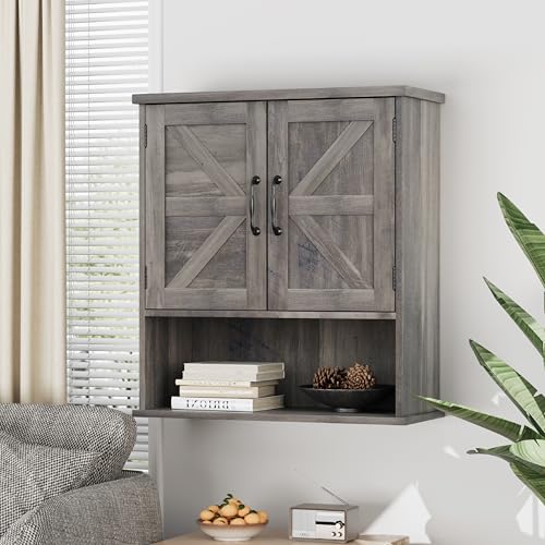 Smuxee Farmhouse Bathroom Cabinet Wall Mounted, Washed Grey Small Medicine Cabinet with Adjustable Shelf, Bathroom Cabinet for Living Room, Laundry Room - color: Washed Grey, size: Small