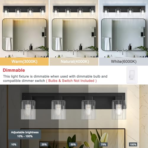4-Light Matte Black Bathroom Light Fixtures, with Clear Glass Shade | 29.5 Inch Bathroom Lighting Fixtures Over Mirror, Modern Wall Light, bathroom vanity light E26 Socket, ETL - color: Black, size: 4-Light