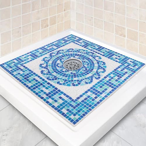 Square Shower Mat Non Slip: 24 x 24 Inch Soft Loofah Shower Stall Mat with Center Drain Hole - Secure Stand Up Shower Grip Pad for Inside Shower - color: Blue Mosaic, size: 24" x 24" (Square)