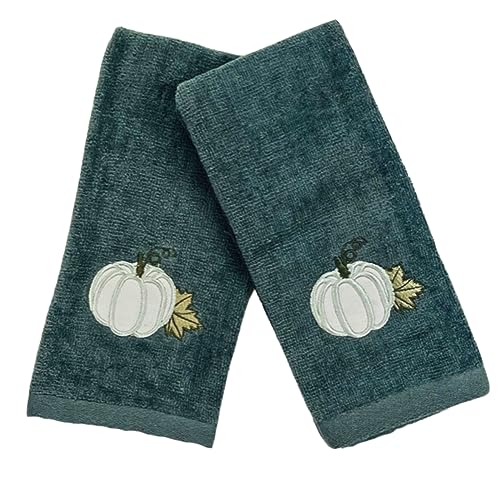 Serafina Home Fall Harvest Fingertip Towels: Embroidered Applique Light Grey Pumpkin on Gray Design, Plush Soft 100% Terry Loop Cotton, Set of 2, 12 x 18 Inches - color: Grey