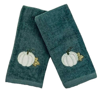 Serafina Home Fall Harvest Fingertip Towels: Embroidered Applique Light Grey Pumpkin on Gray Design, Plush Soft 100% Terry Loop Cotton, Set of 2, 12 x 18 Inches - color: Grey