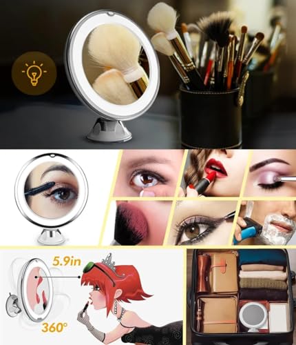 Generic Magnifying Makeup Mirror with 10X Magnification, 14 LED Lights, 360 Degree Rotation, Portable with Suction Cup, Magnifying Mirror with Light, Travel Vanity Mirror, White