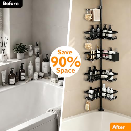Black Corner Shower Caddy Tension Pole 4-Tier shower organizer | Adjustable 23-122 Inch Shower organizer;No Drill; Large Shampoo Shower Organizer; Corner Shower Caddy