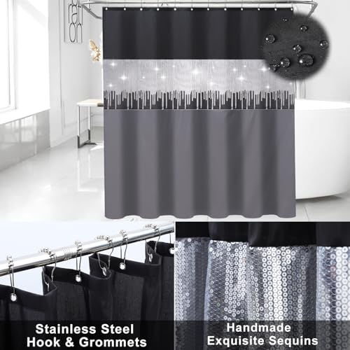 XLHOMO Black Bathroom Accessories with Glitter Shower Curtain,Towel Set 24 PCS Bathroom Set with Shower Curtain Set Bathroom Set Black Shower Curtain with Bathroom Trash Can - size: Bath Set+Shower Curtain, style: Black