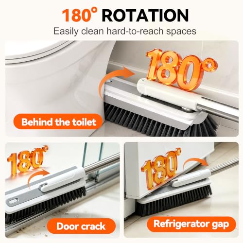 3-in-1 Floor Scrub Brush with 55” Long Handle, V-Shape & Squeegee | V-shape head,built-in squeegee,removable detail brush,55" long handle,stiff bristles,180°rotating,3-in-1 floor scrub brush