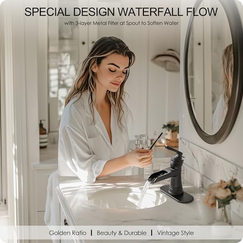 Matte Black Bathroom Faucet 1 Hole, Brass Waterfall Bathroom Faucets 3 Hole 4 Inch Single Handle with Pop-up Drain, Deck Plate, Pre-Installed cUPC Hose for Lavatory, Farmhouse, 5 Mins Install - color: Matte Black