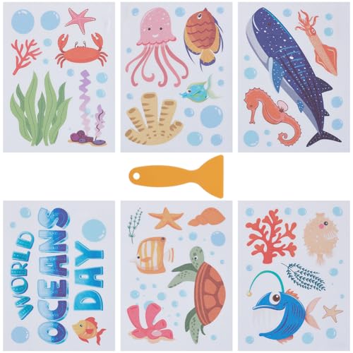 6 Pages Bathtub Sea Stickers Bulk Non Slip Bathtub Stickers with Scraper Plastic Adhesive Ocean Animal Conch Pattern Slippery Floor Decal for Shower and Bath Tub Home Decorations Gift Adult - style: Marine Animal 3