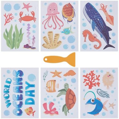6 Pages Bathtub Sea Stickers Bulk Non Slip Bathtub Stickers with Scraper Plastic Adhesive Ocean Animal Conch Pattern Slippery Floor Decal for Shower and Bath Tub Home Decorations Gift Adult - style: Marine Animal 3