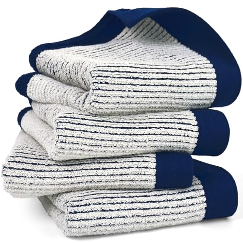 Cleanbear Hand Towels for Bathroom Set of 4 with Jacquard Weave - Cotton | Soft Absorbent Towels for Hand, Face, Bath, Gym, Decorative Kitchen Towels, 28 x 13 Inches, Navy-Blue - color: Navy Blue