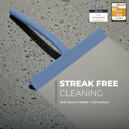 Silicone Shower Squeegee for Glass Doors & Mirrors with Stainless Steel Core, Streak-Free & No-Squeak Window Cleaning, 3-in-1 No-Drill Mount (Hook/Suction/Adhesive),Blue, 11 Inches | Streak-Free & No-Squeak Window Cleaning, Stainless Steel Core, Hook/Suct