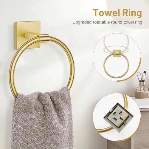 Lairuier Brushed Gold Bathroom Accessories, Towel Bar Set Wall Mounted | 5 Pieces Bathroom Hardware Set, SUS304 Stainless Steel Double Base 23.6" Towel Bar, Towel Ring, Toilet Paper Holder & Hooks - color: Brushed Gold, size: 5 Pieces - Double Base