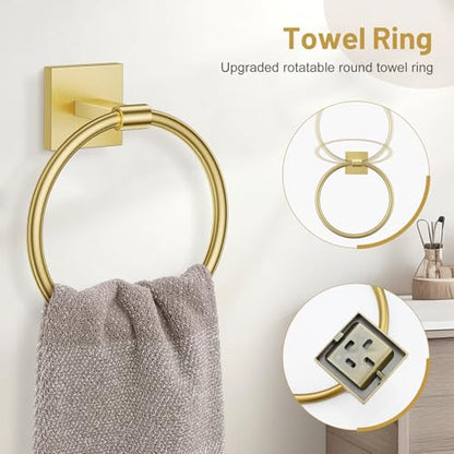 Lairuier Brushed Gold Bathroom Accessories, Towel Bar Set Wall Mounted | 5 Pieces Bathroom Hardware Set, SUS304 Stainless Steel Double Base 23.6" Towel Bar, Towel Ring, Toilet Paper Holder & Hooks - color: Brushed Gold, size: 5 Pieces - Double Base