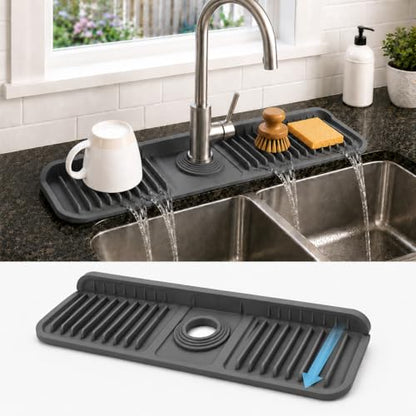 17" Silicone Faucet Handle Drip Catcher Tray,7° Sloped Self Draining Mat with Snap-on Design & Soap Holder, Sink Splash Guard for Kitchen & Bathroom, Trim-to-Fit Opening - color: Dark Gray, size: 17" x 5.5"