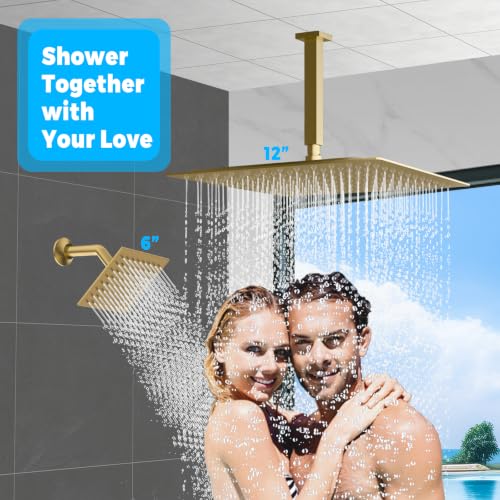 Thermostatic Digital Dual Rain Heads Tub Shower System Can Run Together | 4-Way Shower Faucts Set with Waterfall Spout, 12" Rainfall + 6" Tilted Shower and Brass Handheld, Brushed Gold - color: Brushed Gold, style: 12” + 6" + Spout