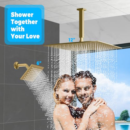 Thermostatic Digital Dual Rain Heads Tub Shower System Can Run Together | 4-Way Shower Faucts Set with Waterfall Spout, 12" Rainfall + 6" Tilted Shower and Brass Handheld, Brushed Gold - color: Brushed Gold, style: 12” + 6" + Spout