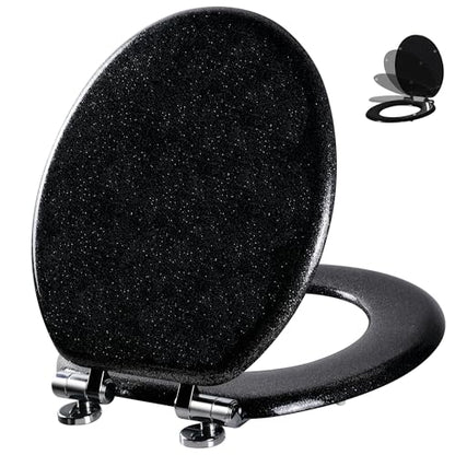 Angol Shiold Glitter Toilet Seat Molded Wood Round Toilet Seat with Quietly Close and Quick Release Hinges, Easy to Install also Easy to Clean (Round 16.5'', Black) - color: Black, size: Round 16.5‘’