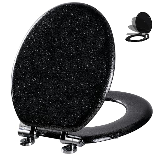 Angol Shiold Glitter Toilet Seat Molded Wood Round Toilet Seat with Quietly Close and Quick Release Hinges, Easy to Install also Easy to Clean (Round 16.5'', Black) - color: Black, size: Round 16.5‘’