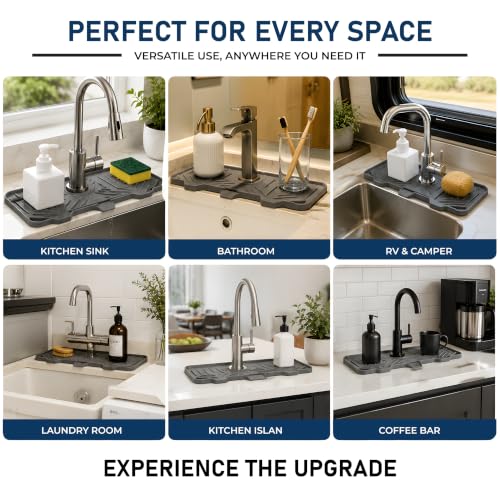 Sink Splash Guard [2-Pack, Grey] - 14.6" Silicone Faucet Mat for Kitchen Sink, Drip Catcher & Countertop Protector | Foldable Kitchen Sink Faucet Mat, Water Drainage Pad for Bathroom & RV