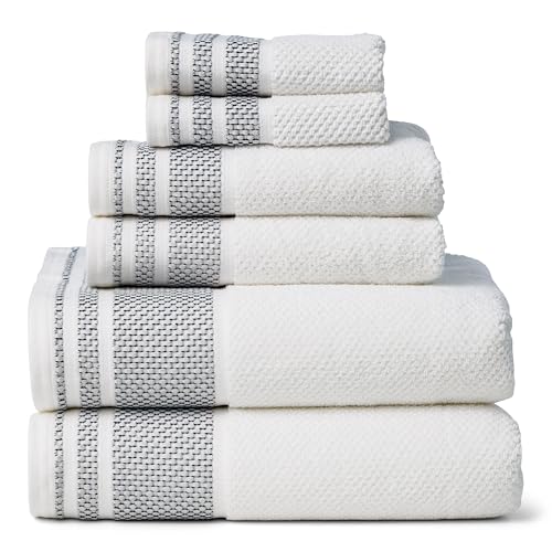 Texere 100% Organic Cotton Rice Weave Jacquard 700 GSM Luxury Bath Towel Sets - 2 Large Bath Towels, 2 Hand Towels, 2 Washcloths (Rice Weave, BRT Wht w/Blk, 6 Piece) - color: Bright White W/ Black Contrast (Rice Weave)