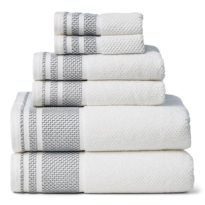 Texere 100% Organic Cotton Rice Weave Jacquard 700 GSM Luxury Bath Towel Sets - 2 Large Bath Towels, 2 Hand Towels, 2 Washcloths (Rice Weave, BRT Wht w/Blk, 6 Piece) - color: Bright White W/ Black Contrast (Rice Weave)