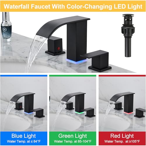 Bathroom Faucet 3 Hole, Matte Black Waterfall Bathroom Faucets, 8 Inch Widespread Modern Bathroom Sink Faucet & Parts, Wide Spread Touch On Three Hole 2 Handle Bathroom Vanity Faucet - color: Matte Black