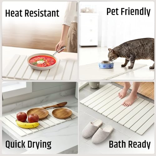 Stone Dish Drying Mat for Kitchen Counter - Fast-Absorbing Diatomite Drying Stone - Reusable Kitchen Drying Mat for Dishes, Cups & Utensils - Quick-Dry Stone Mat for Kitchen Sink and Countertop