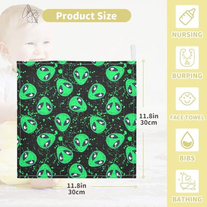 Baby Green Alien Muslin Washcloths 3 Pack - Muslin Burp Cloths Hanky Large 11.8"X11.8" Extra Soft Absorbent Baby Burp Rags for Newborn 100% Cotton for Boys Girls Gift - size: one sizex3