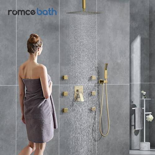 Rain Shower System With Complete 6 Pcs Body Sprays Jets And Pressured Balance Rough-in Valve,12Inch Rainfall Shower Head And Handheld, Modern Brushed Gold Ceiling Mount Shower Faucets Sets - color: Brushed Gold, style: Ceiling-Mount 6 Jets
