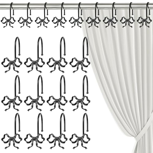 12 Pack Elegant Bow Shower Curtain Hooks, Black Metal Rustproof Decorative Shower Curtain Hooks, Shower Curtain Hangers for Bathroom Art Decor