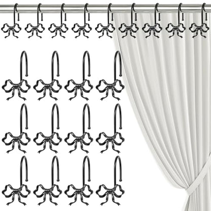 12 Pack Elegant Bow Shower Curtain Hooks, Black Metal Rustproof Decorative Shower Curtain Hooks, Shower Curtain Hangers for Bathroom Art Decor